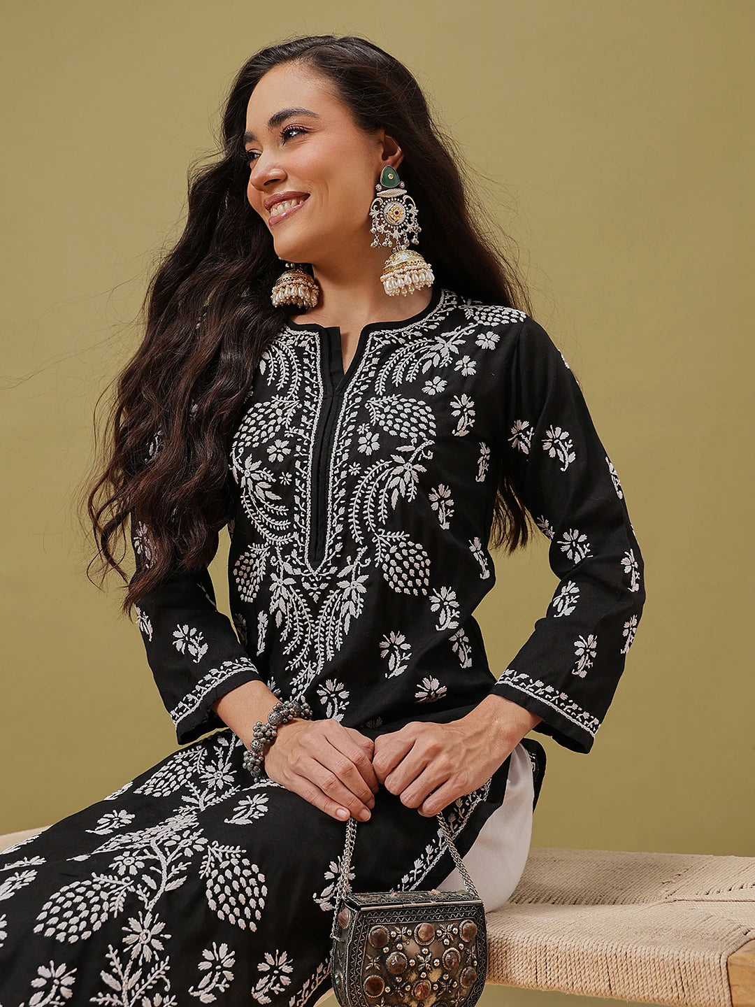 Ada Hand Embroidered Black Cotton Lucknowi Chikankari Straight Kurta A165744