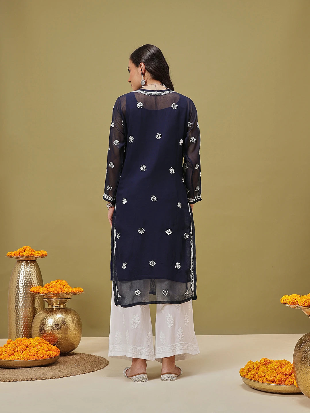 Ada Hand Embroidered Navy Blue Georgette Lucknowi Chikankari Straight Kurta With Slip A411122