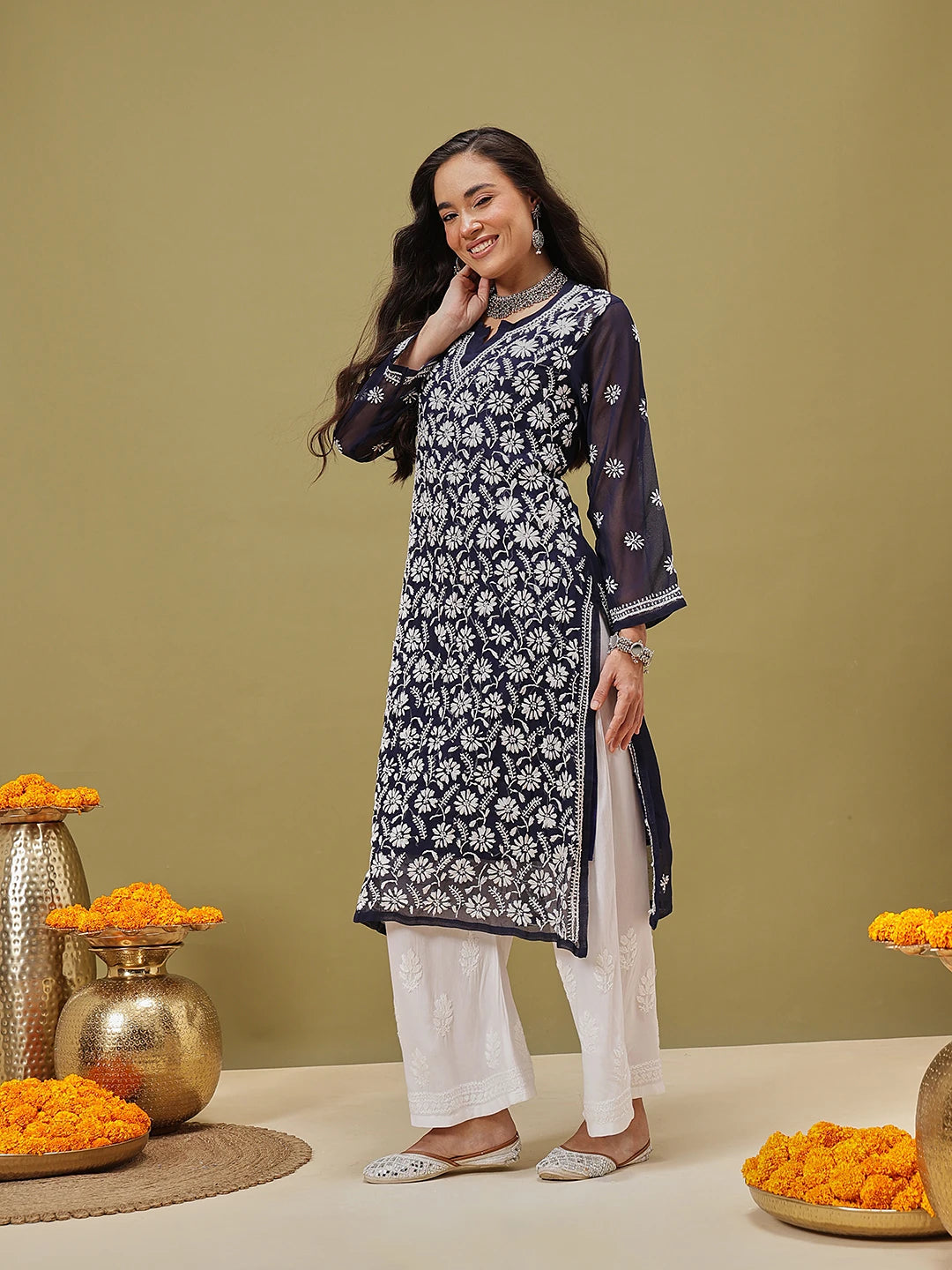 Ada Hand Embroidered Navy Blue Georgette Lucknowi Chikankari Straight Kurta With Slip A411122