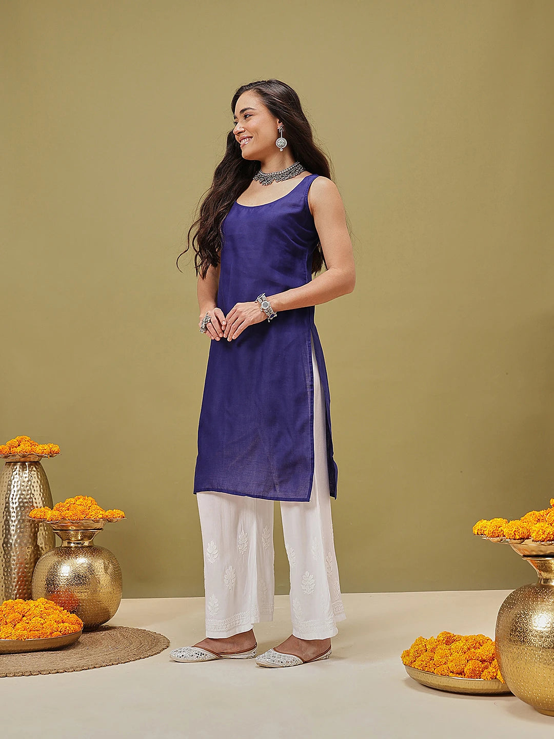 Ada Hand Embroidered Navy Blue Georgette Lucknowi Chikankari Straight Kurta With Slip A411122