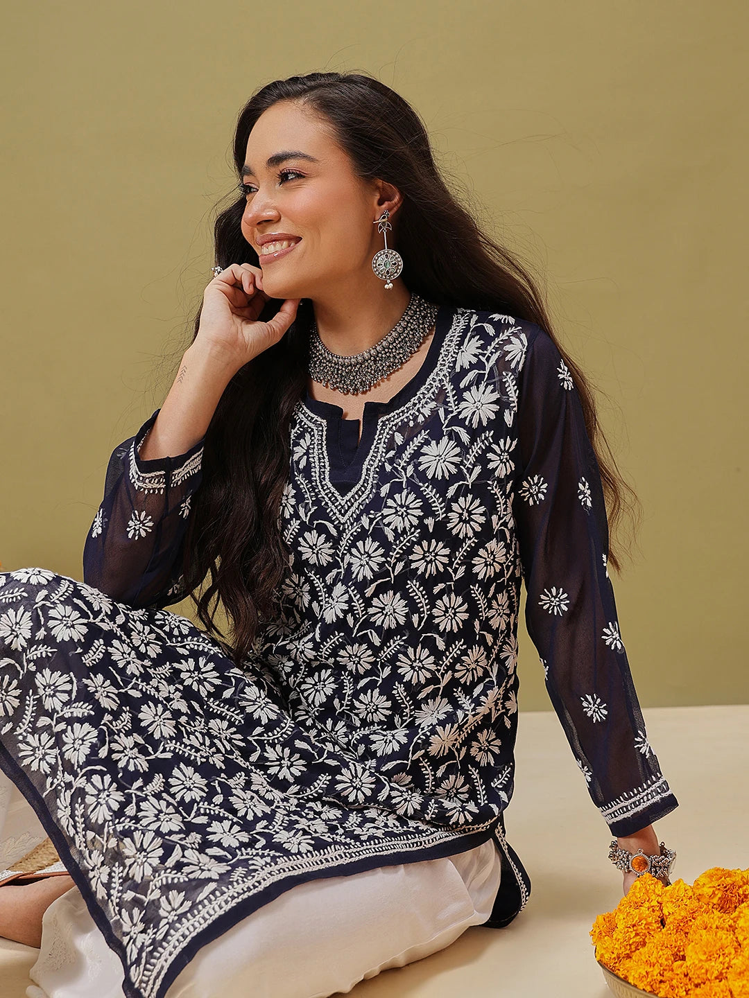 Ada Hand Embroidered Navy Blue Georgette Lucknowi Chikankari Straight Kurta With Slip A411122