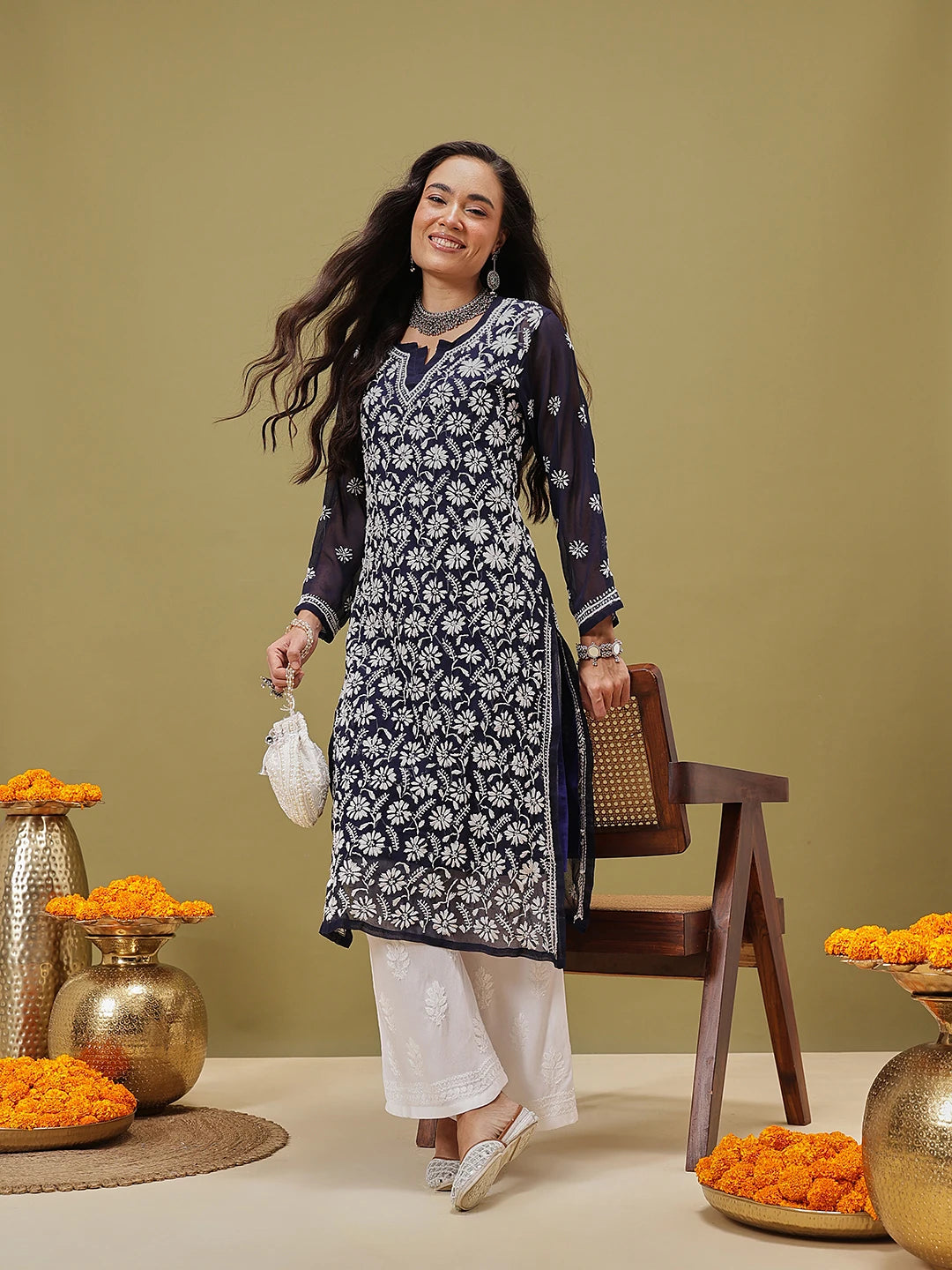 Ada Hand Embroidered Navy Blue Georgette Lucknowi Chikankari Straight Kurta With Slip A411122