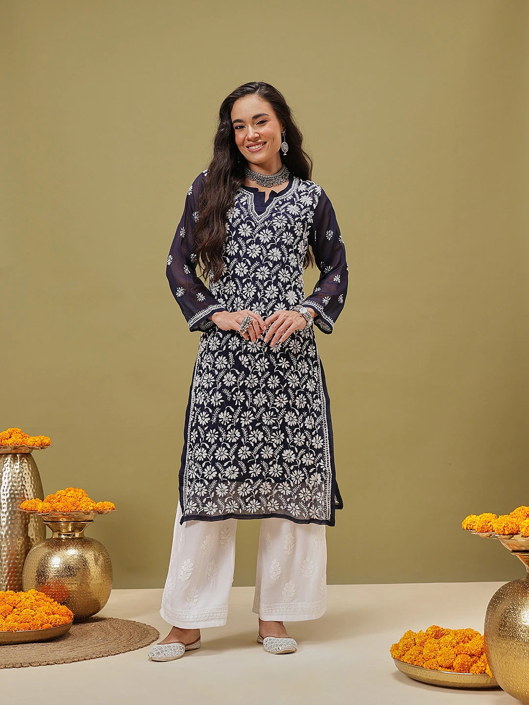 Ada Hand Embroidered Navy Blue Georgette Lucknowi Chikankari Straight Kurta With Slip A411122