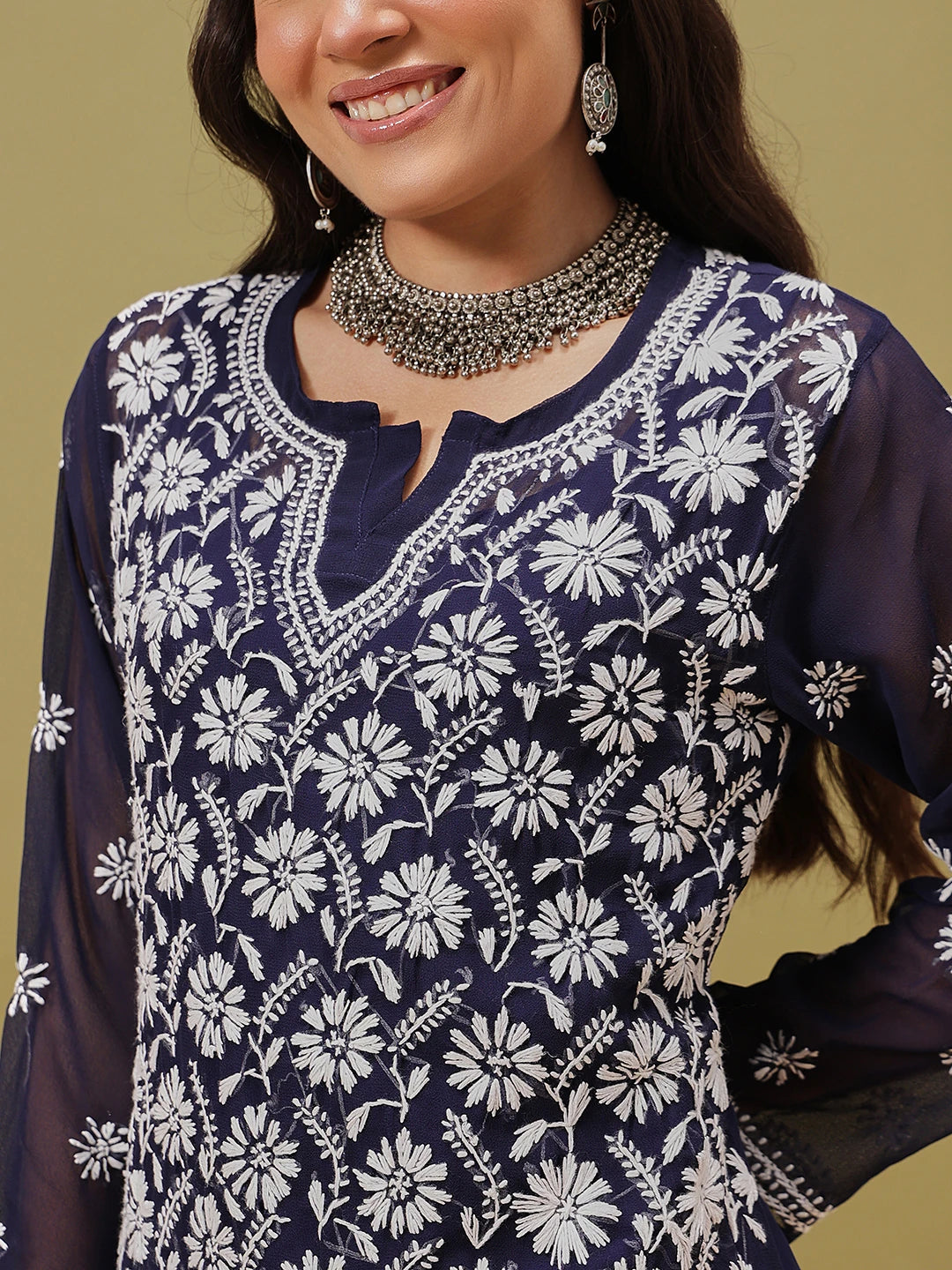 Ada Hand Embroidered Navy Blue Georgette Lucknowi Chikankari Straight Kurta With Slip A411122