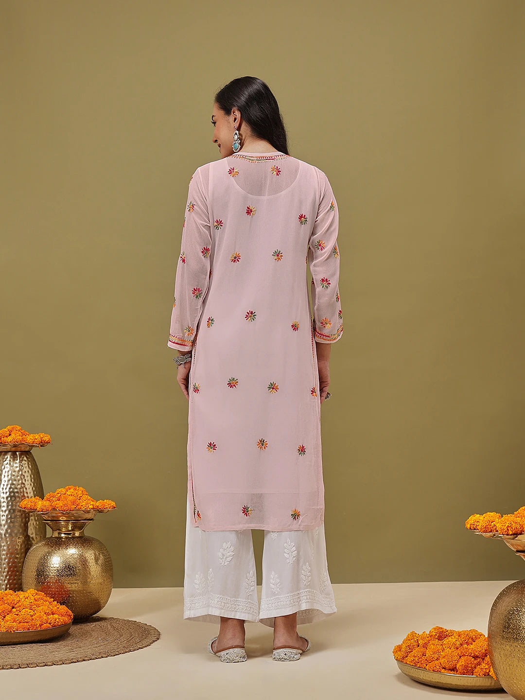 Ada Hand Embroidered White Georgette Lucknowi Chikankari Straight Kurta With Slip A100425