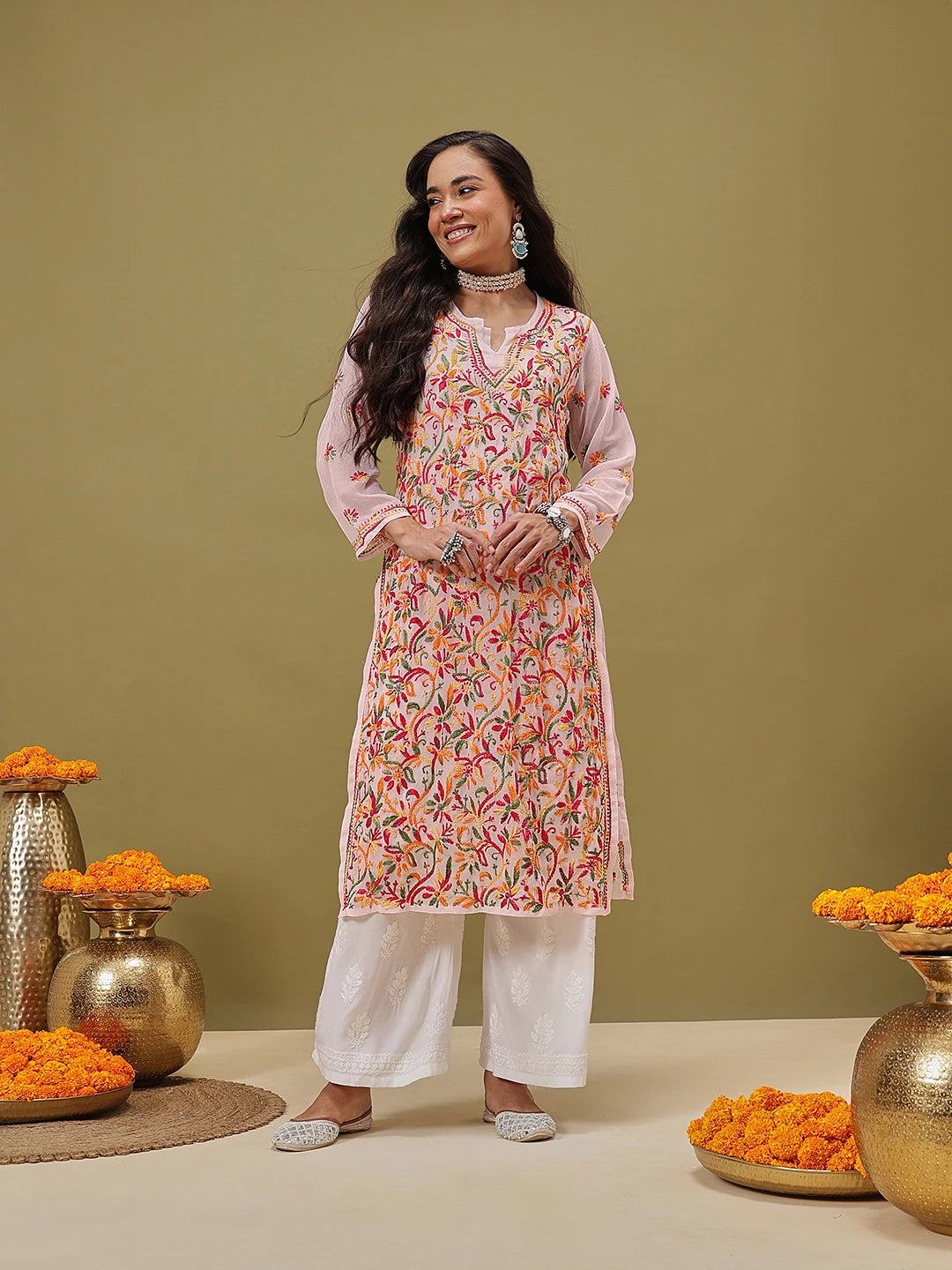 Ada Hand Embroidered White Georgette Lucknowi Chikankari Straight Kurta With Slip A100425