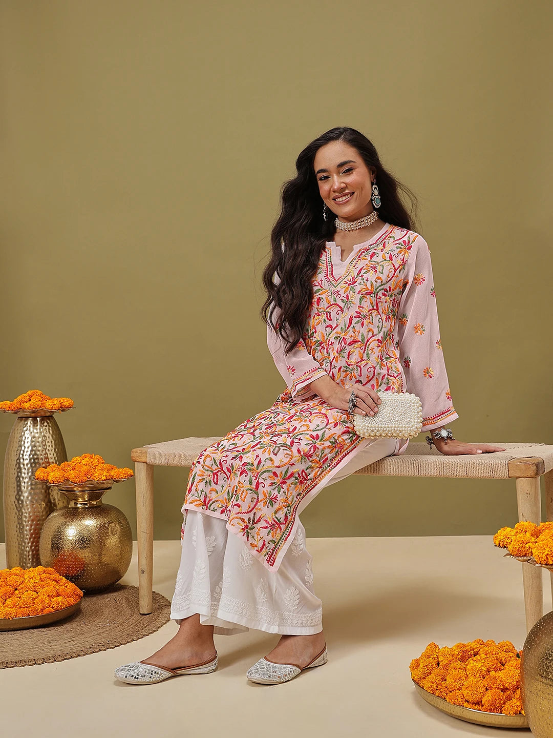 Ada White Georgette Chikankari Straight Kurta With Slip – Ada Chikan