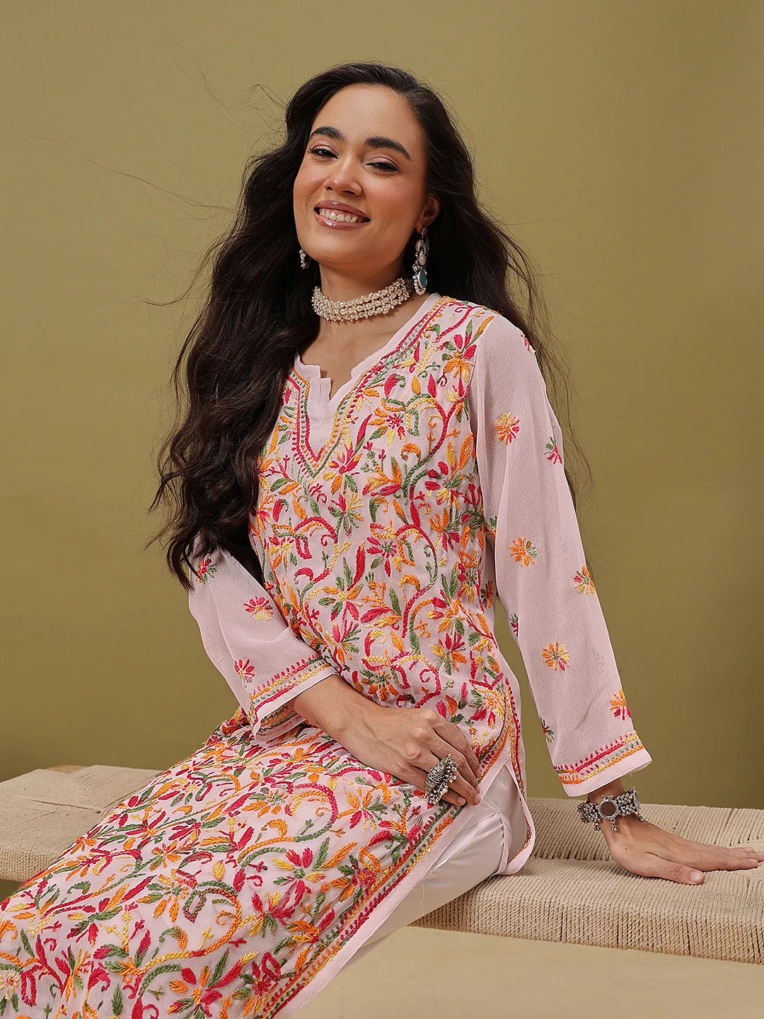 Ada Hand Embroidered White Georgette Lucknowi Chikankari Straight Kurta With Slip A100425