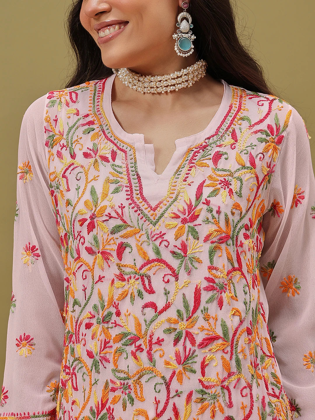 Ada Hand Embroidered White Georgette Lucknowi Chikankari Straight Kurta With Slip A100425