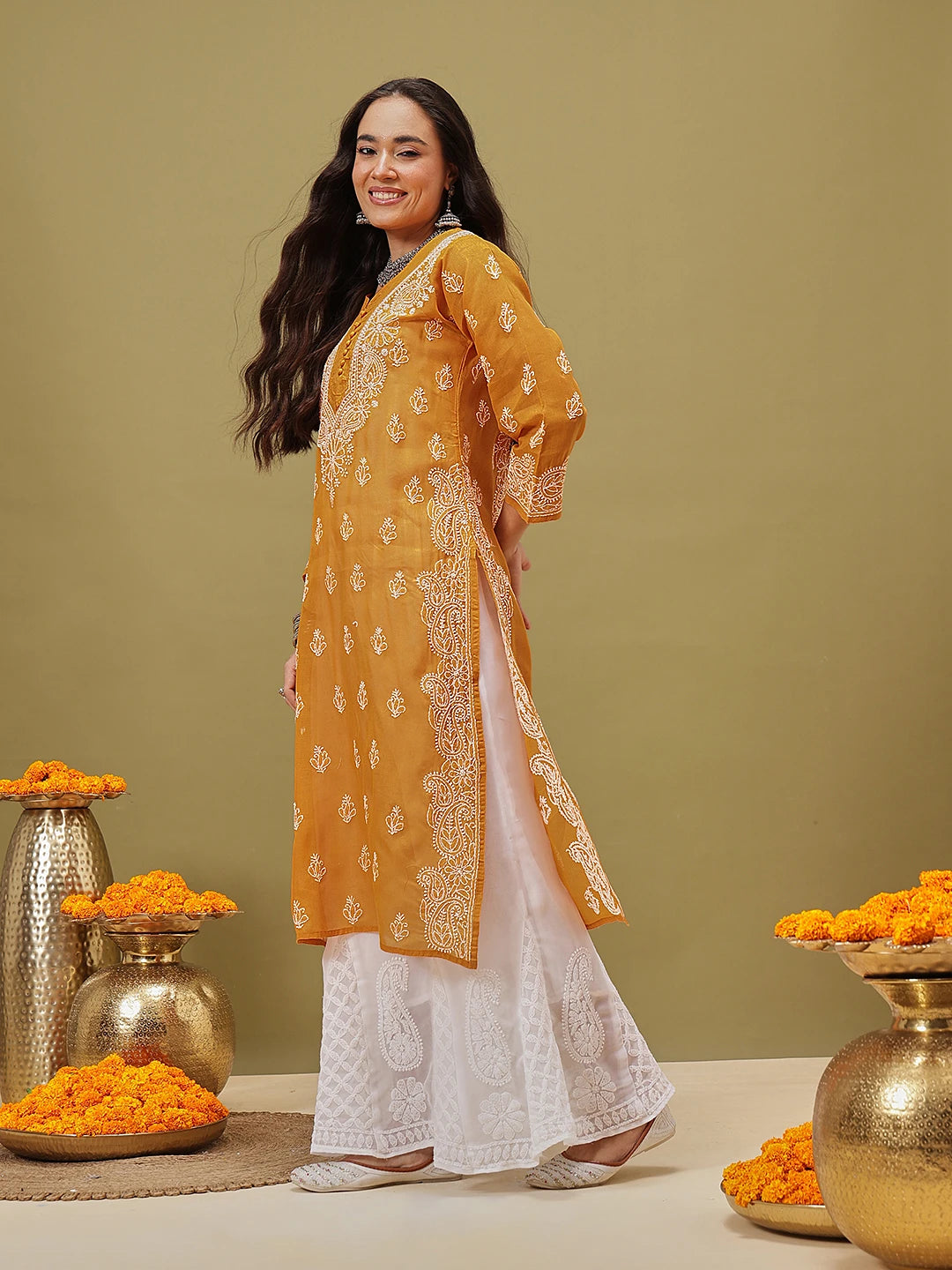 Ada Hand Embroidered Mustard Cotton Lucknowi Chikankari Straight Kurta A411788