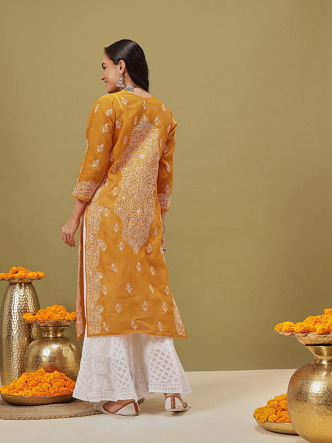 Ada Hand Embroidered Mustard Cotton Lucknowi Chikankari Straight Kurta A411788
