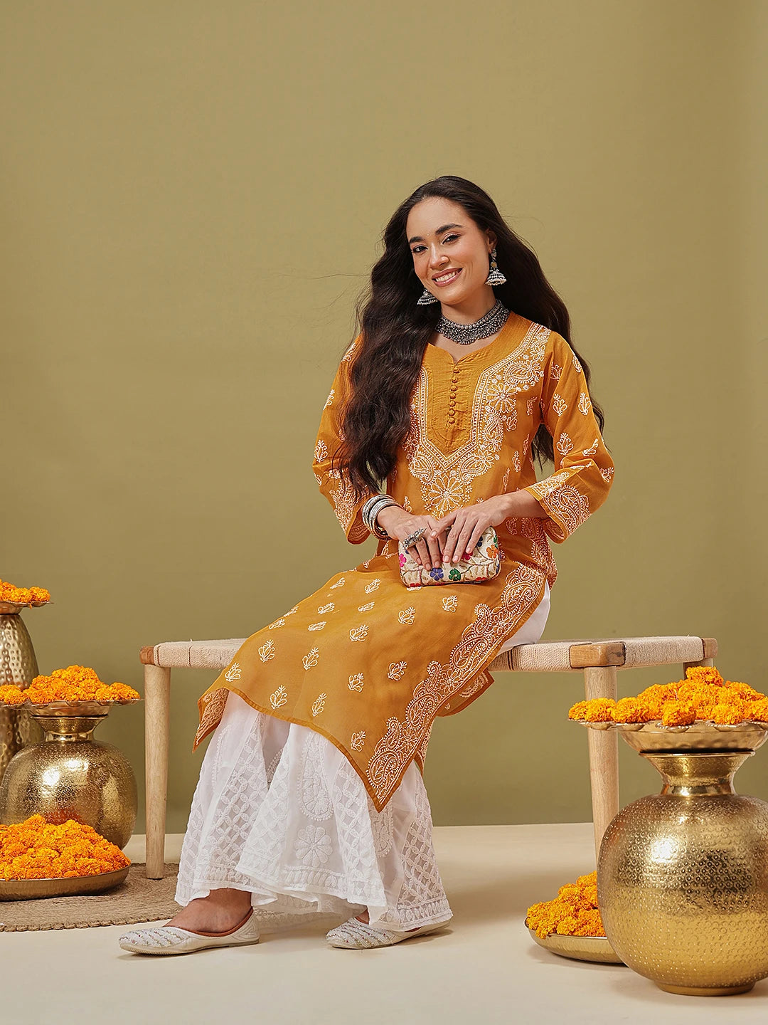 Ada Hand Embroidered Mustard Cotton Lucknowi Chikankari Straight Kurta A411788