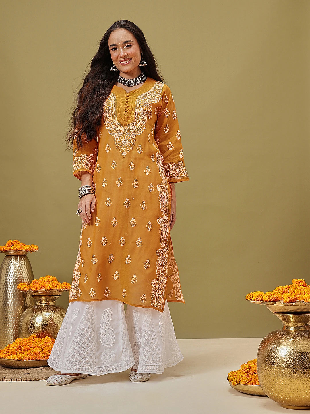 Ada Hand Embroidered Mustard Cotton Lucknowi Chikankari Straight Kurta A411788