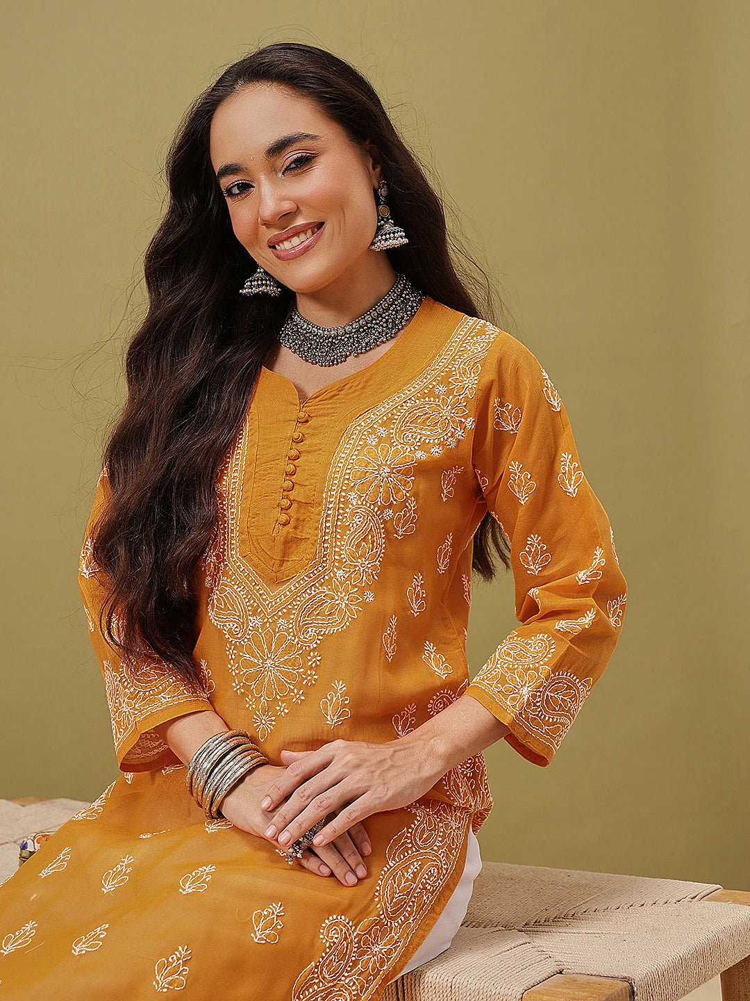 Ada Hand Embroidered Mustard Cotton Lucknowi Chikankari Straight Kurta A411788