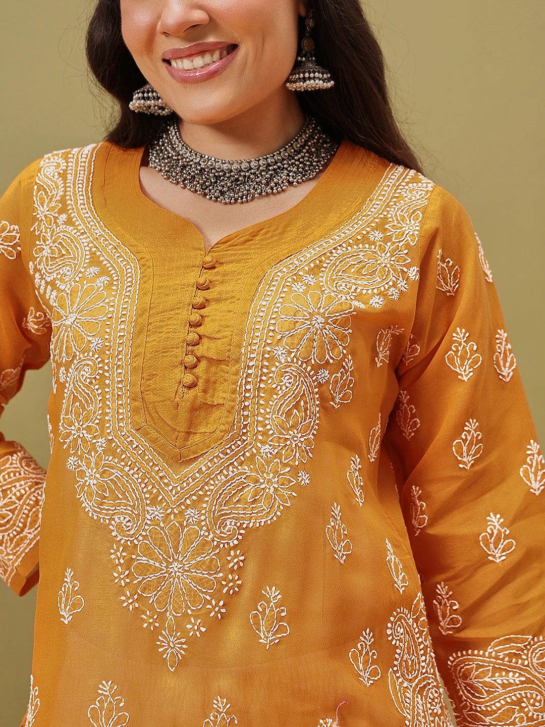 Ada Hand Embroidered Mustard Cotton Lucknowi Chikankari Straight Kurta A411788