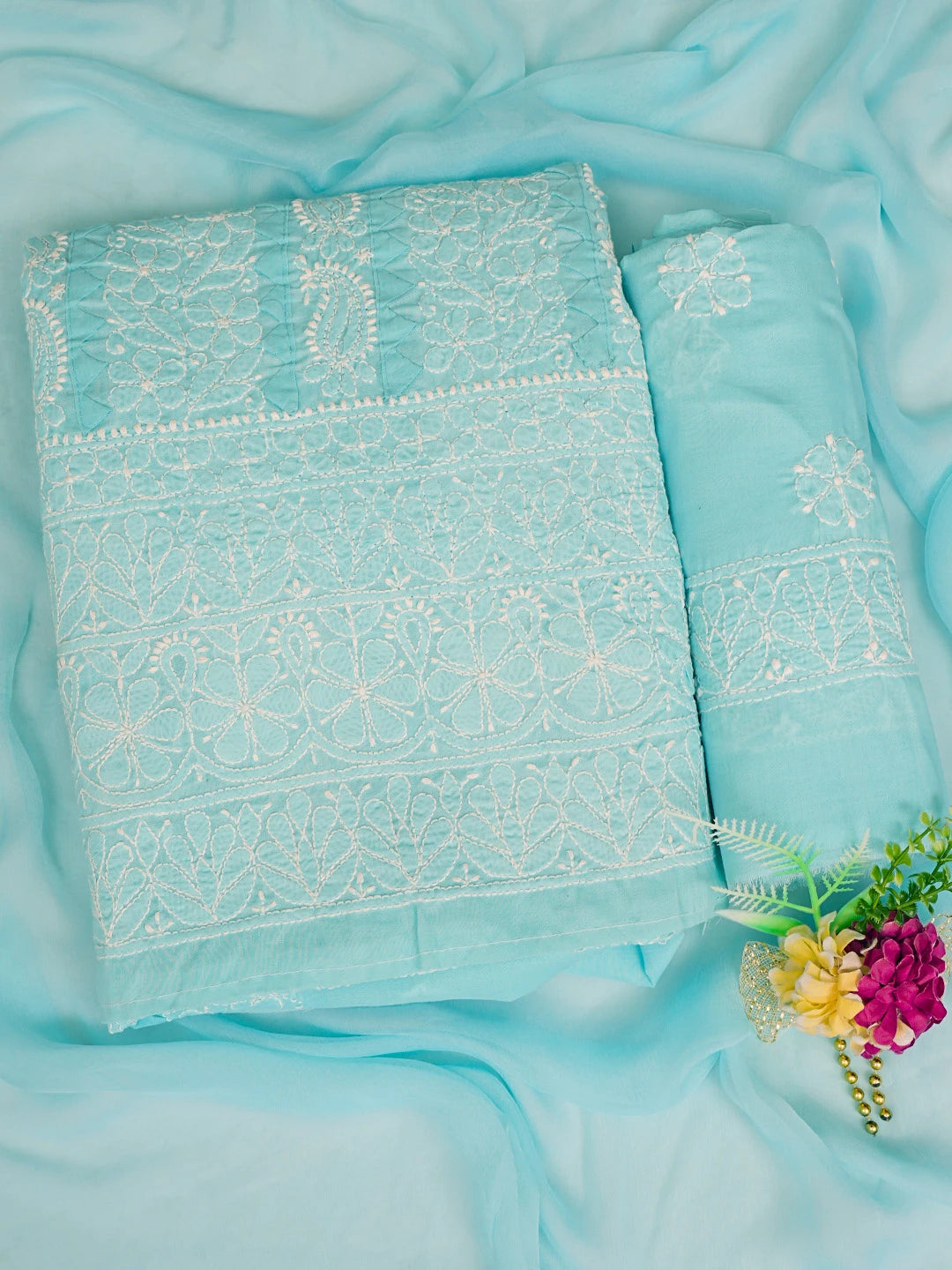 Ada Hand Embroidered Blue Cotton Lucknowi Chikankari Unstitched Suit Piece 01A844700