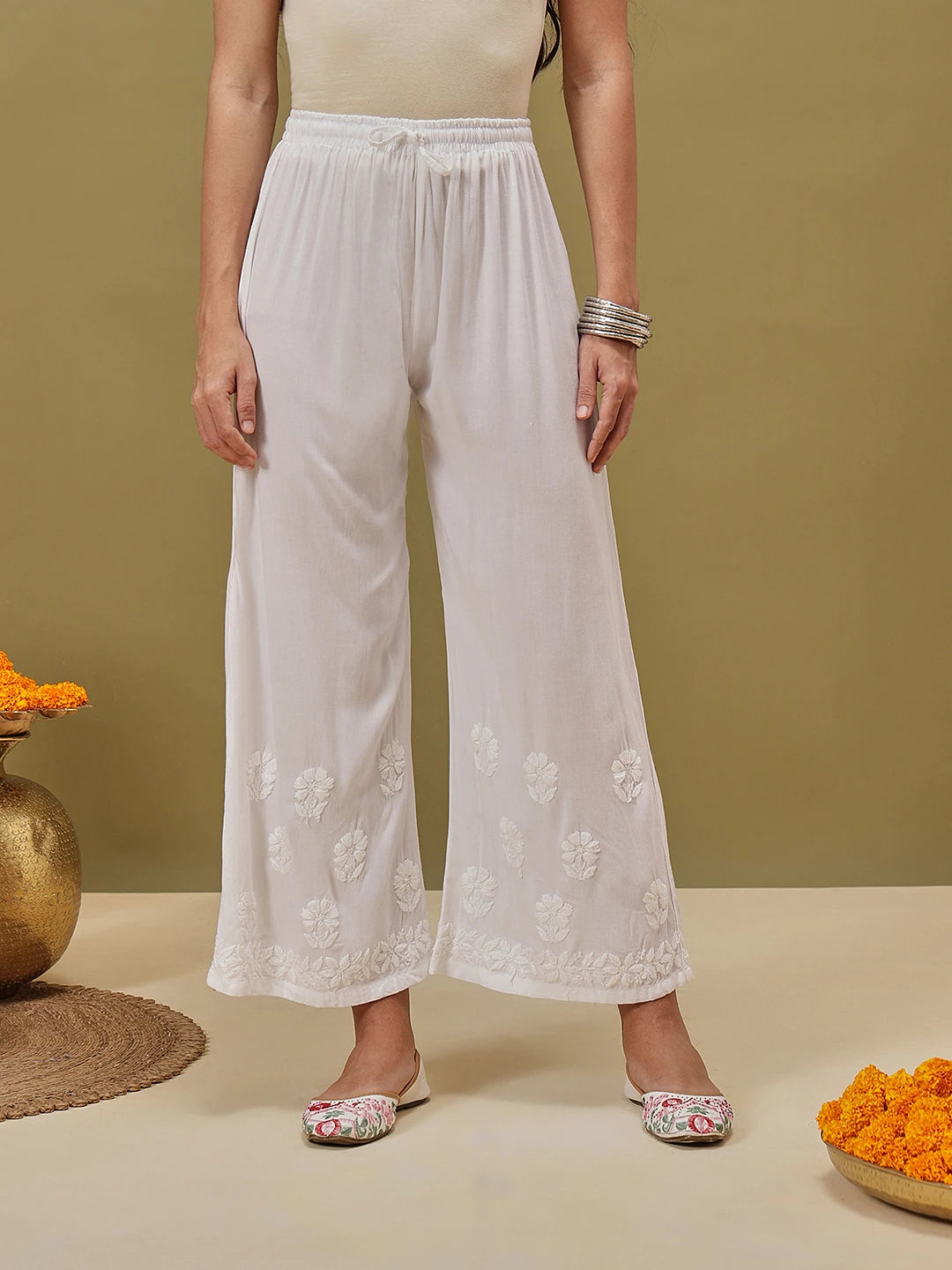 Ada Hand Embroidered White Rayon Lucknowi Chikankari Palazzo A711201