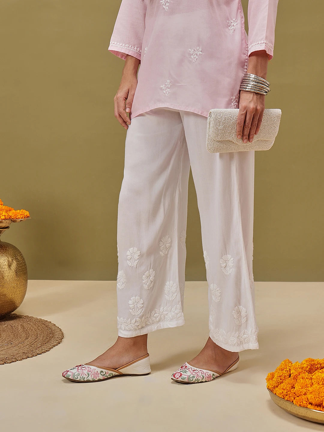 Ada Hand Embroidered White Rayon Lucknowi Chikankari Palazzo A711201