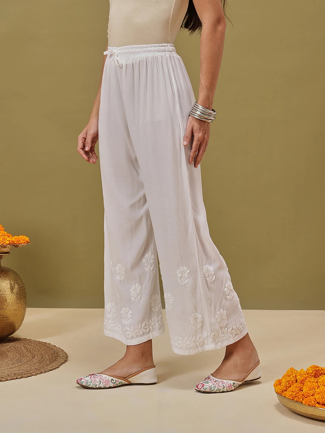 Ada Hand Embroidered White Rayon Lucknowi Chikankari Palazzo A711201