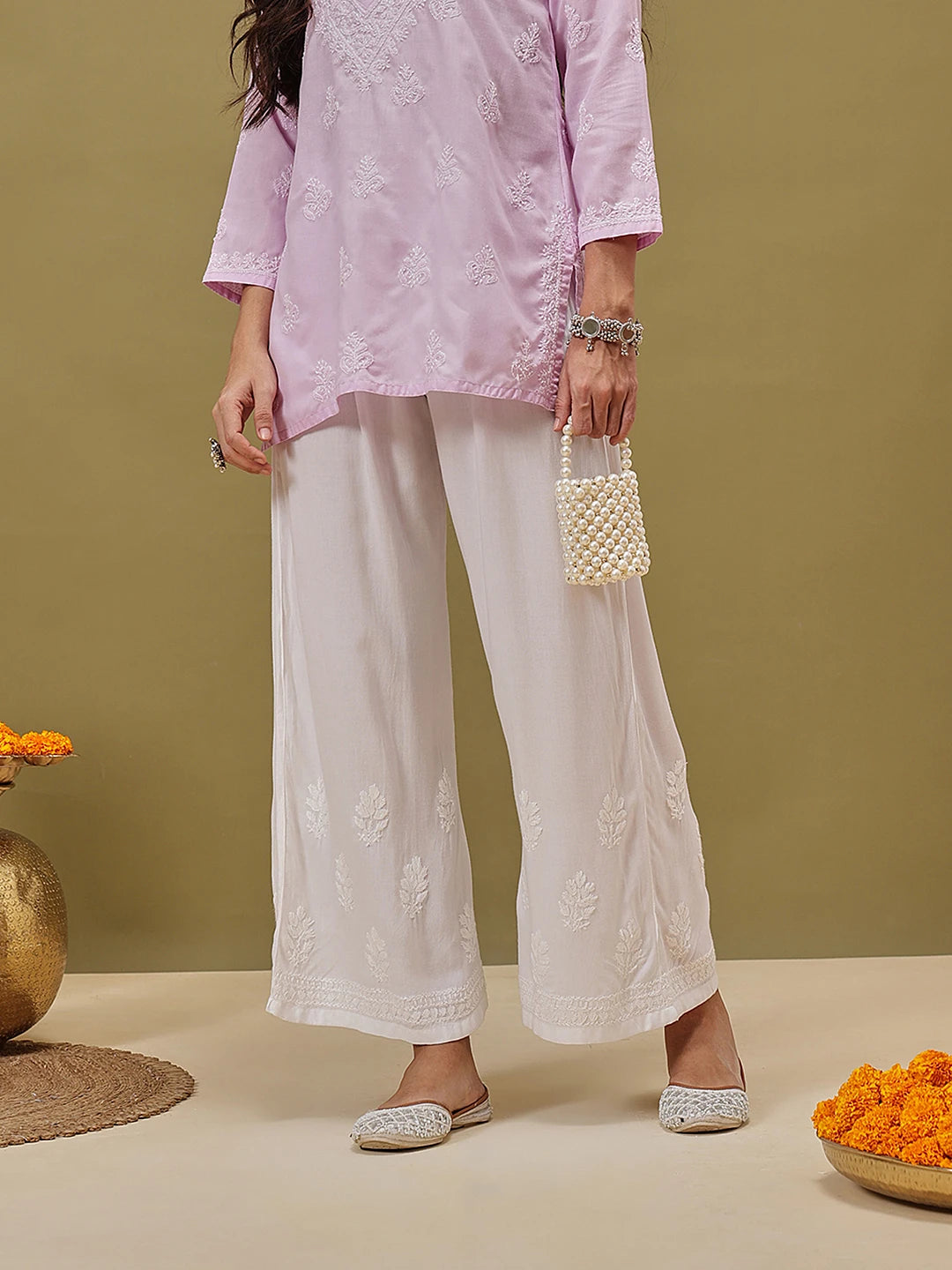 Ada Hand Embroidered White Rayon Lucknowi Chikankari Palazo A711200