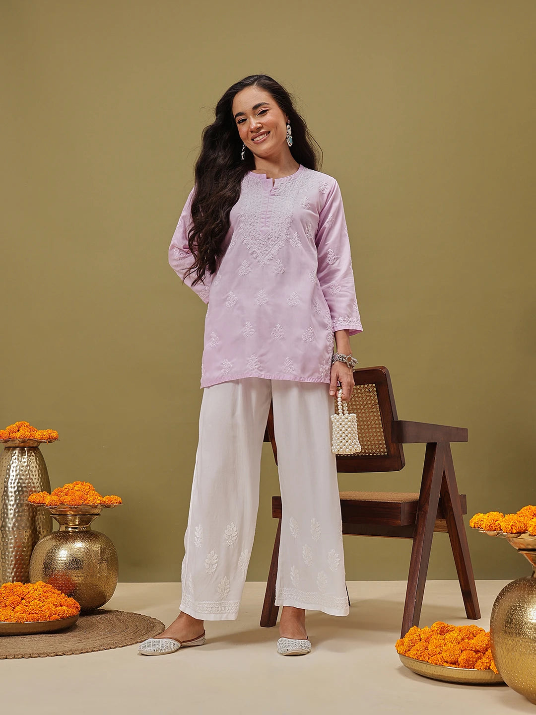 Ada Hand Embroidered White Rayon Lucknowi Chikankari Palazo A711200