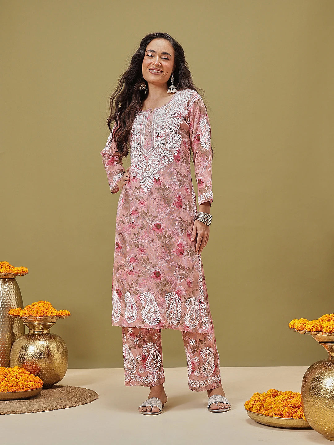 Ada Hand Embroidered Floral Printed Peach Cotton Lucknowi Chikankari Co-Ord Set A811349
