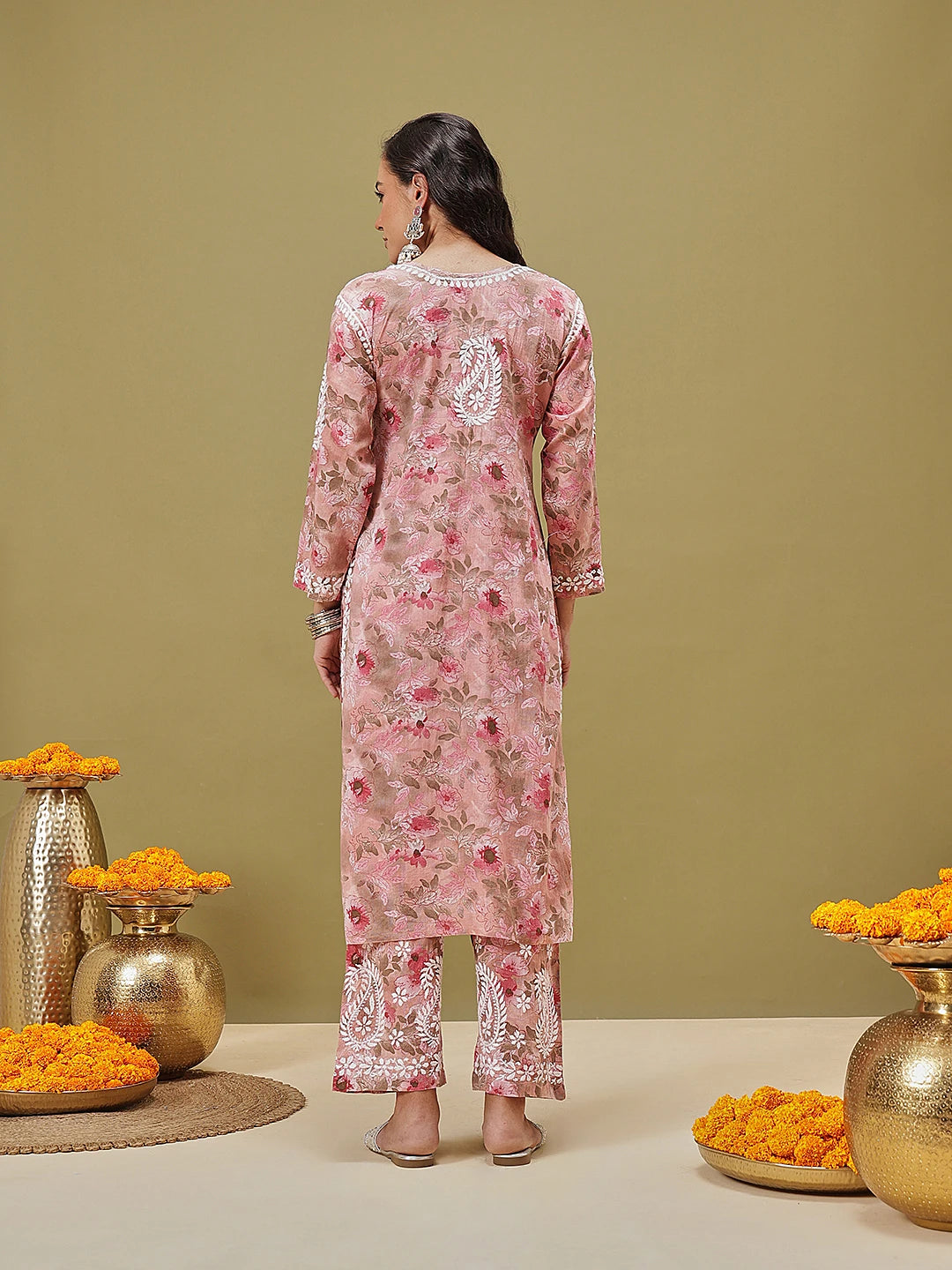Ada Hand Embroidered Floral Printed Peach Cotton Lucknowi Chikankari Co-Ord Set A811349