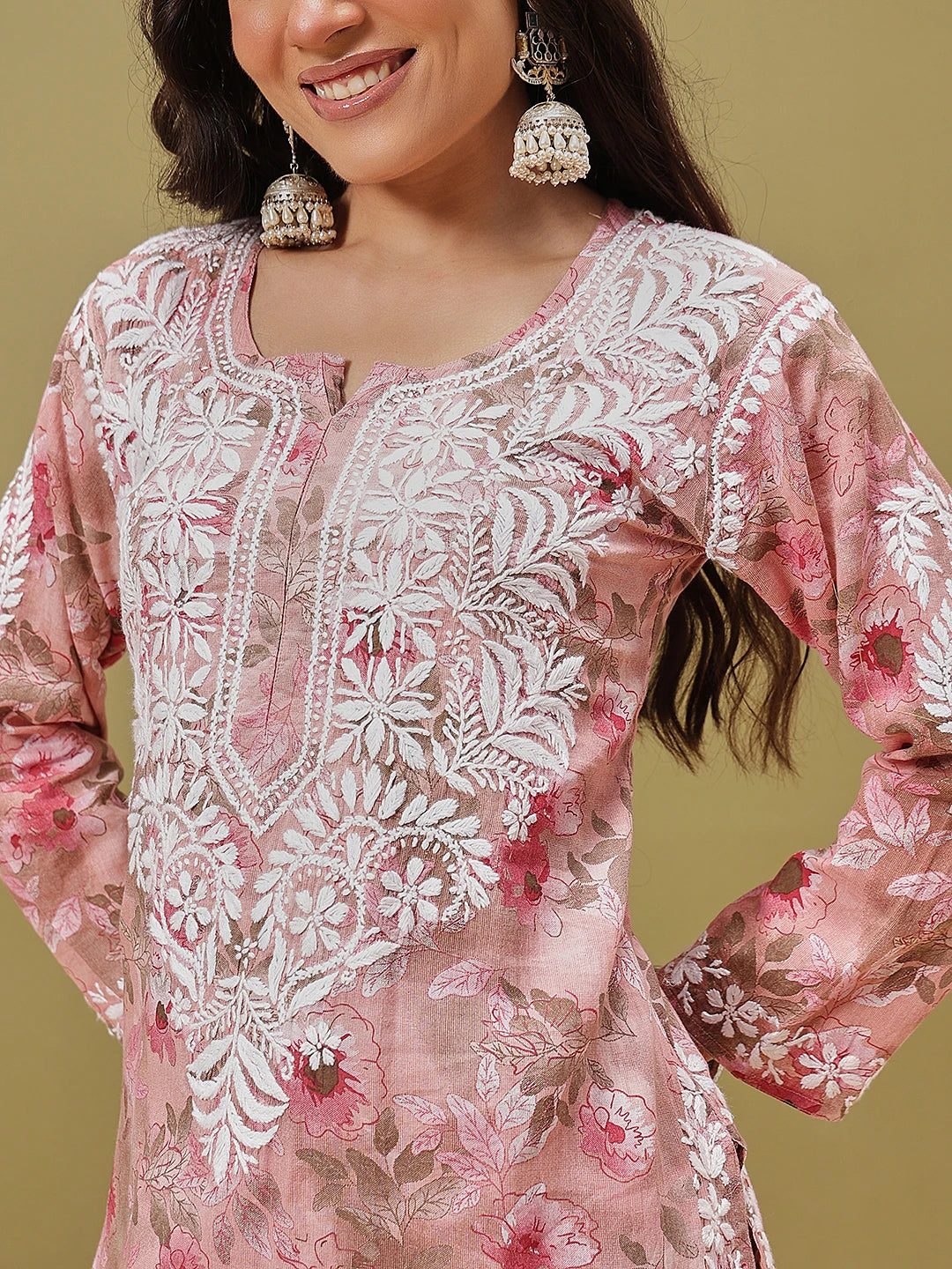 Ada Hand Embroidered Floral Printed Peach Cotton Lucknowi Chikankari Co-Ord Set A811349
