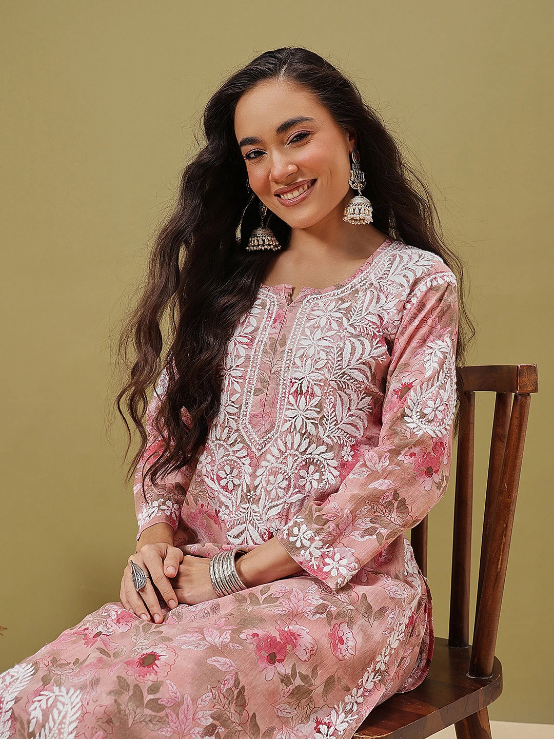 Ada Hand Embroidered Floral Printed Peach Cotton Lucknowi Chikankari Co-Ord Set A811349