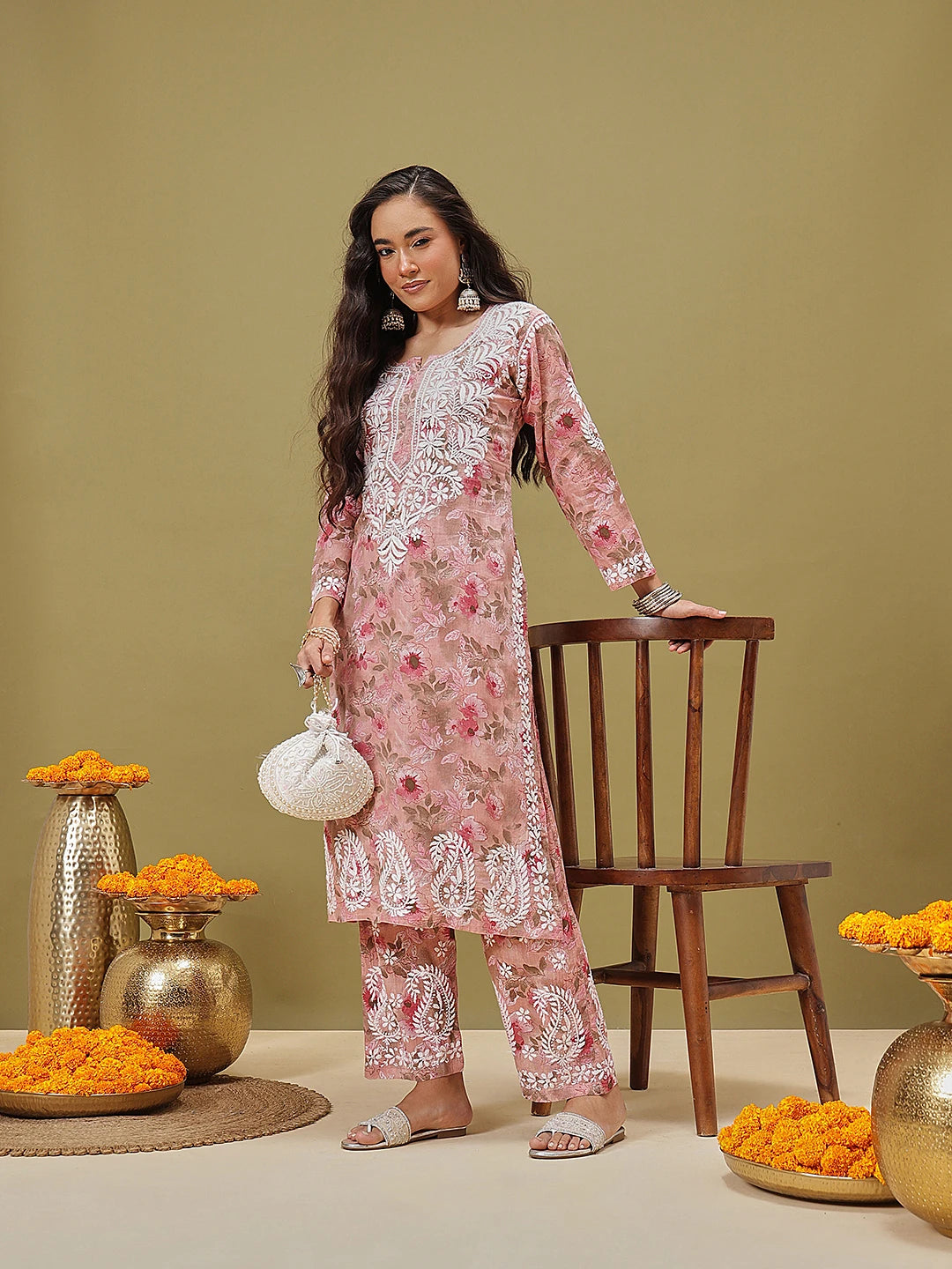 Ada Hand Embroidered Floral Printed Peach Cotton Lucknowi Chikankari Co-Ord Set A811349