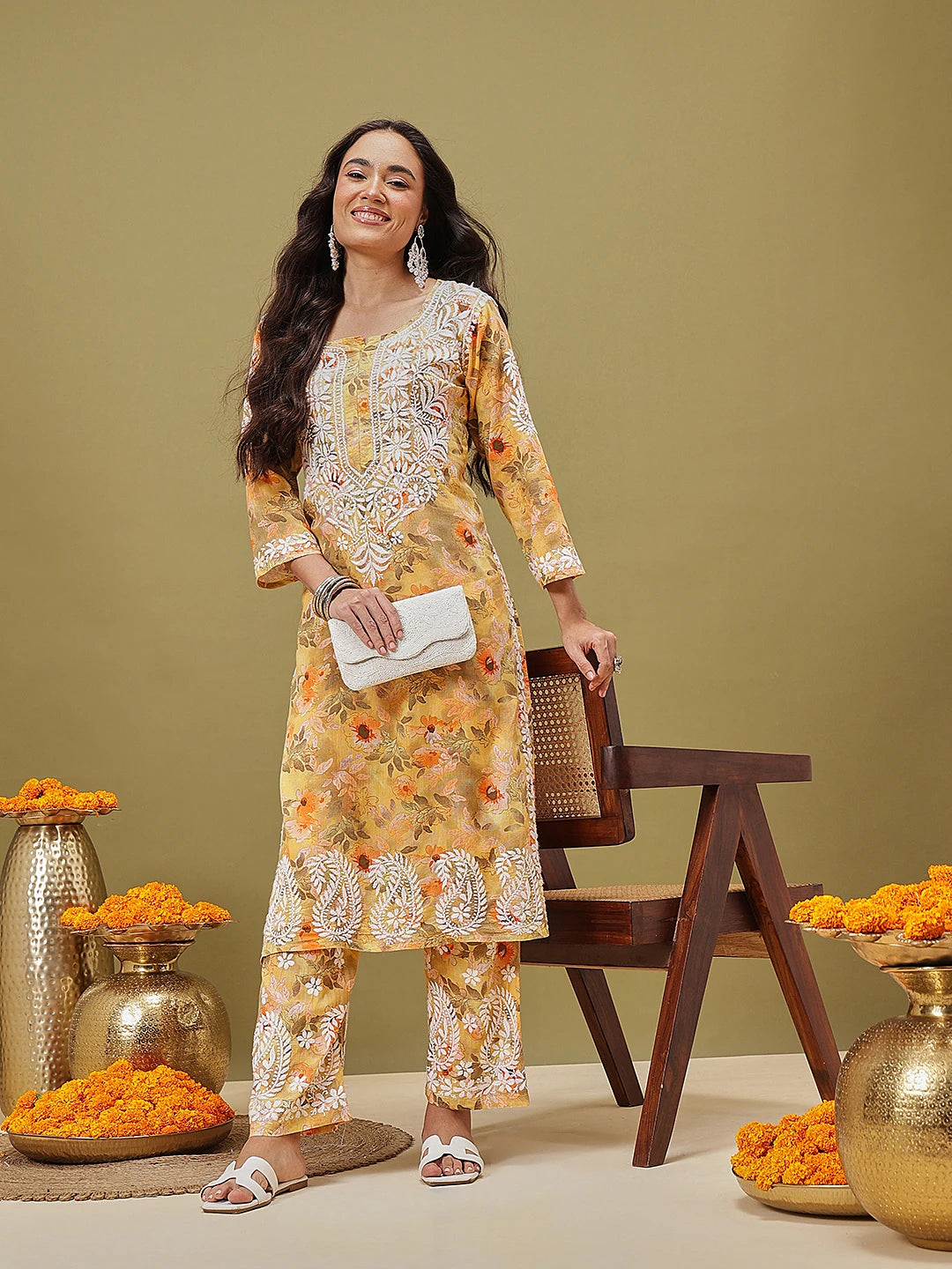 Ada Hand Embroidered Floral Printed Yellow Cotton Lucknowi Chikankari Co-Ord Set A811351