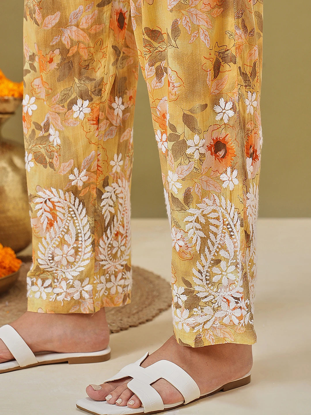Ada Hand Embroidered Floral Printed Yellow Cotton Lucknowi Chikankari Co-Ord Set A811351