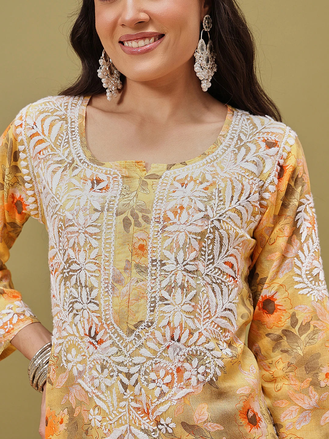 Ada Hand Embroidered Floral Printed Yellow Cotton Lucknowi Chikankari Co-Ord Set A811351