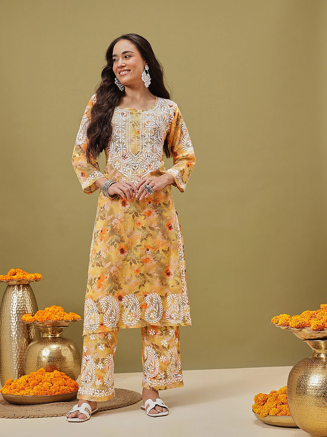 Ada Hand Embroidered Floral Printed Yellow Cotton Lucknowi Chikankari Co-Ord Set A811351