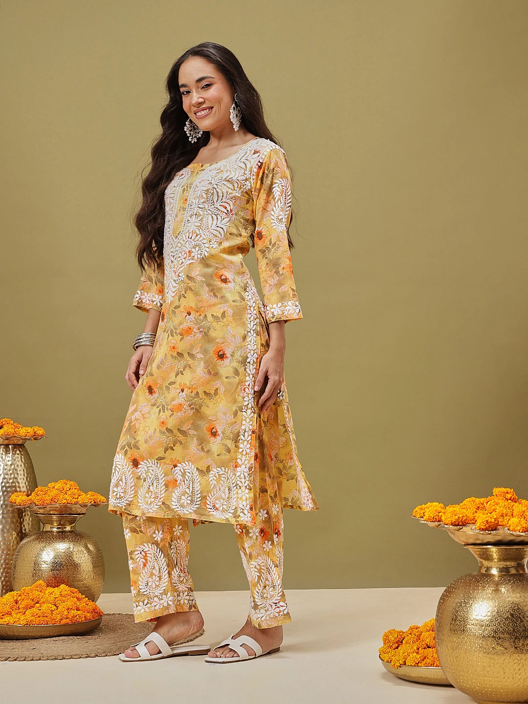 Ada Hand Embroidered Floral Printed Yellow Cotton Lucknowi Chikankari Co-Ord Set A811351
