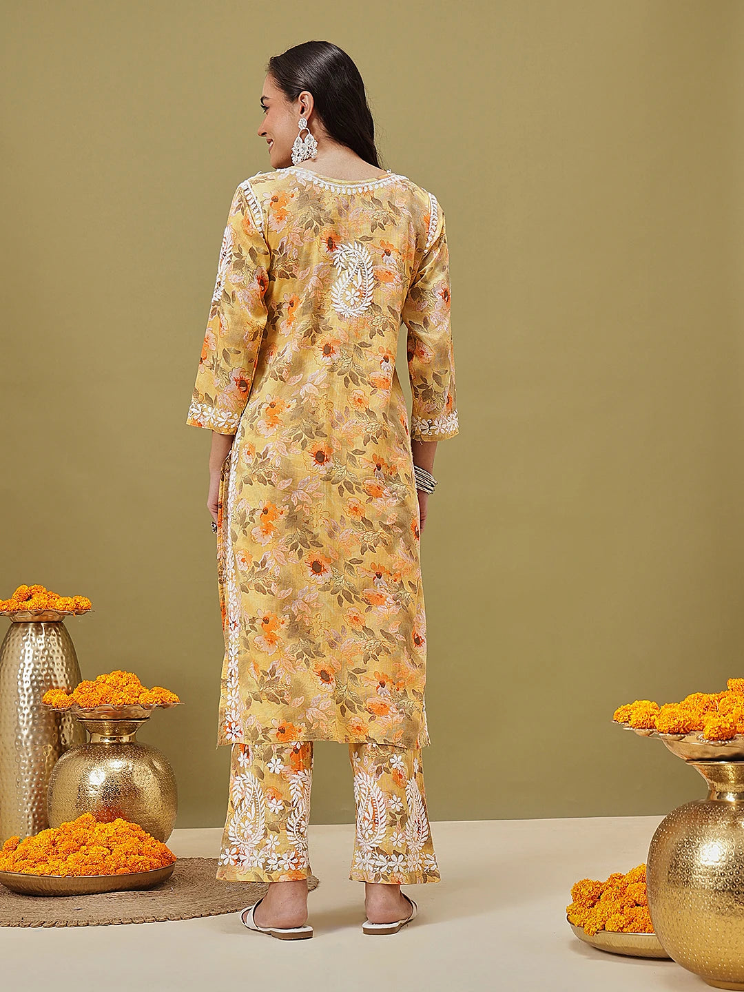Ada Hand Embroidered Floral Printed Yellow Cotton Lucknowi Chikankari Co-Ord Set A811351