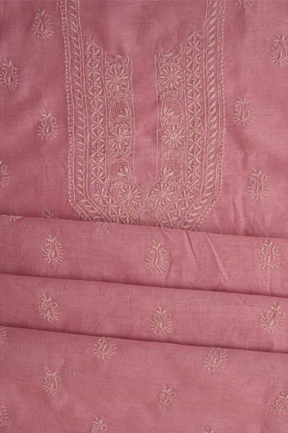 Ada Hand Embroidered Dusty Peach Chanderi Lucknowi Chikankari Unstitched Kurta Piece 01A843831