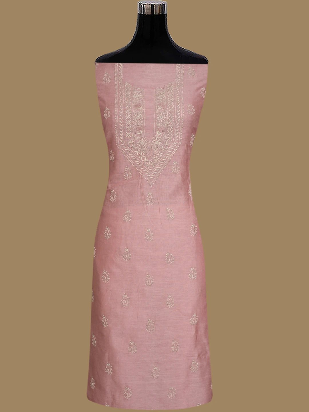 Ada Hand Embroidered Dusty Peach Chanderi Lucknowi Chikankari Unstitched Kurta Piece 01A843831