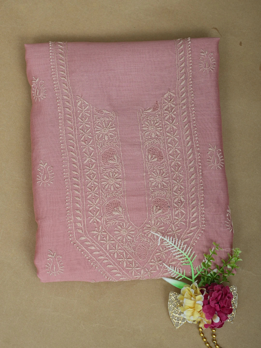 Ada Hand Embroidered Dusty Peach Chanderi Lucknowi Chikankari Unstitched Kurta Piece 01A843831