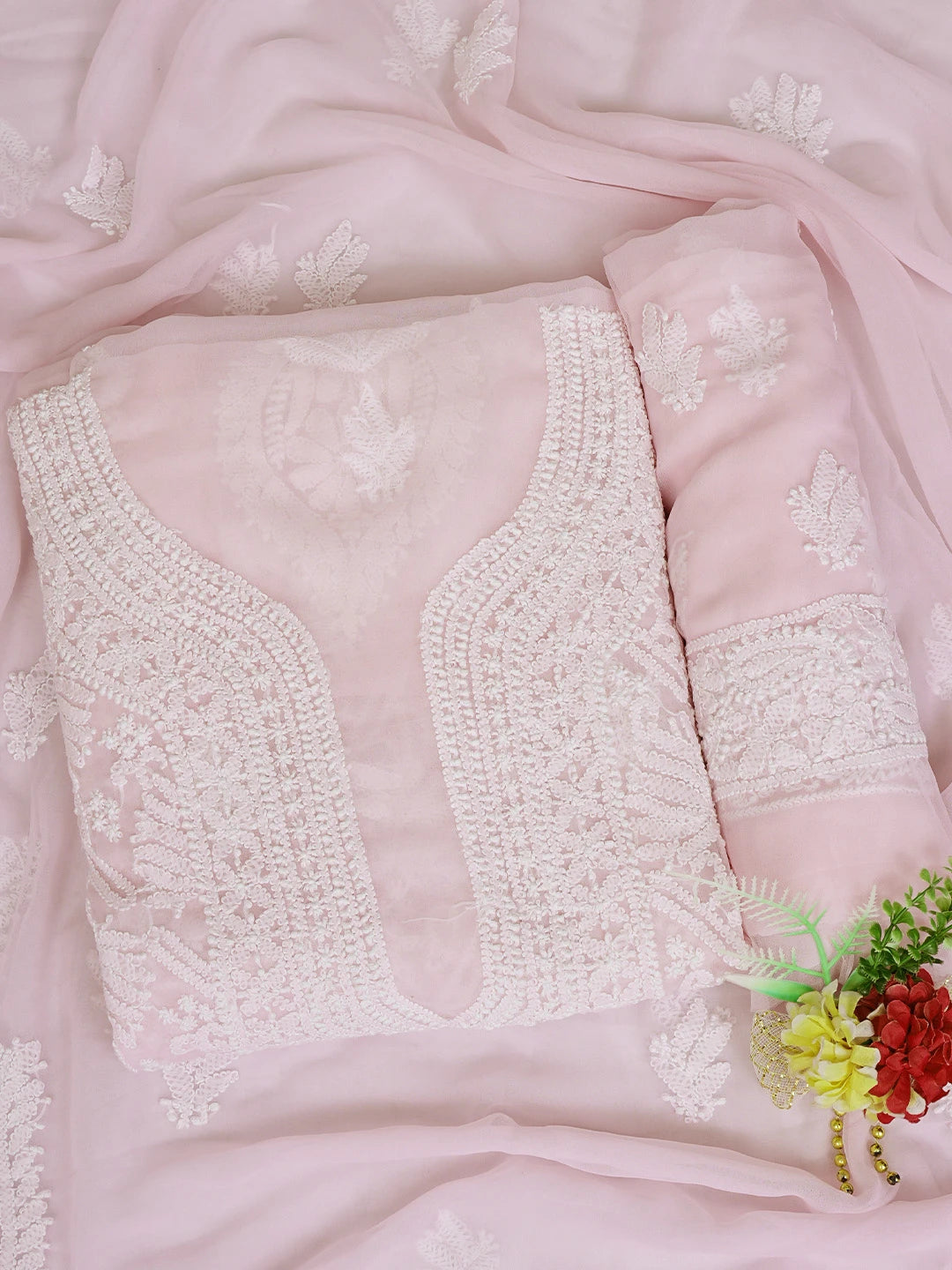 Ada Hand Embroidered Pink Georgette Lucknowi Chikankari Unstitched Suit Piece 01A835654