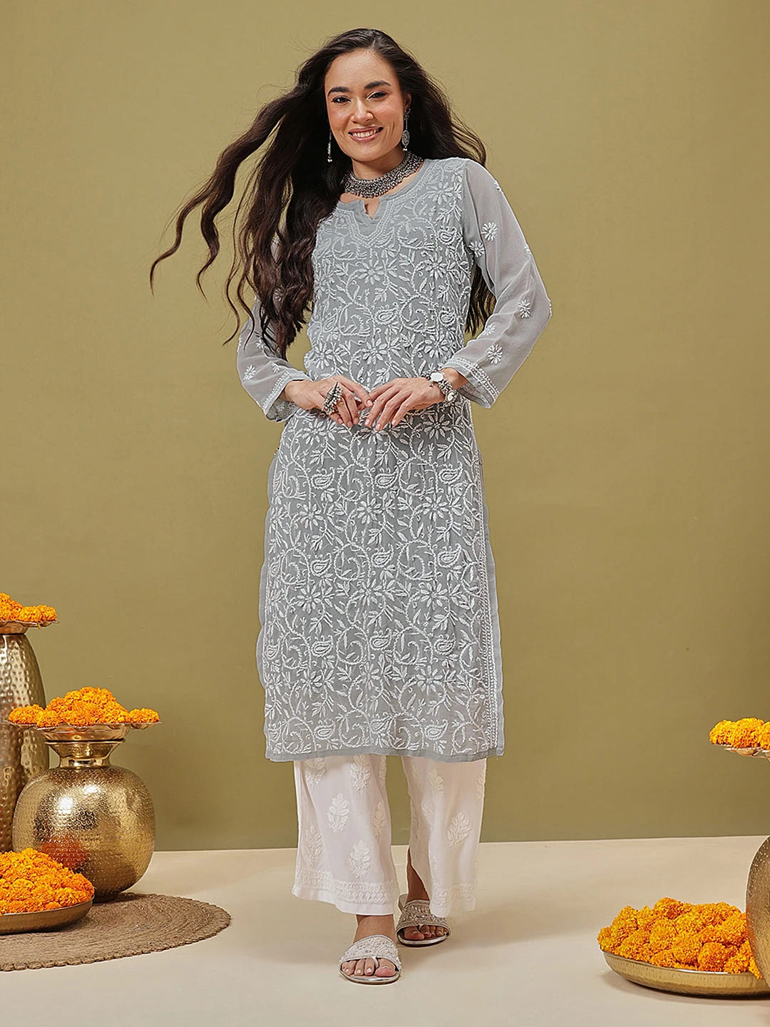 Ada Hand Embroidered Grey Georgette Lucknowi Chikankari Straight Kurta With Slip A411132