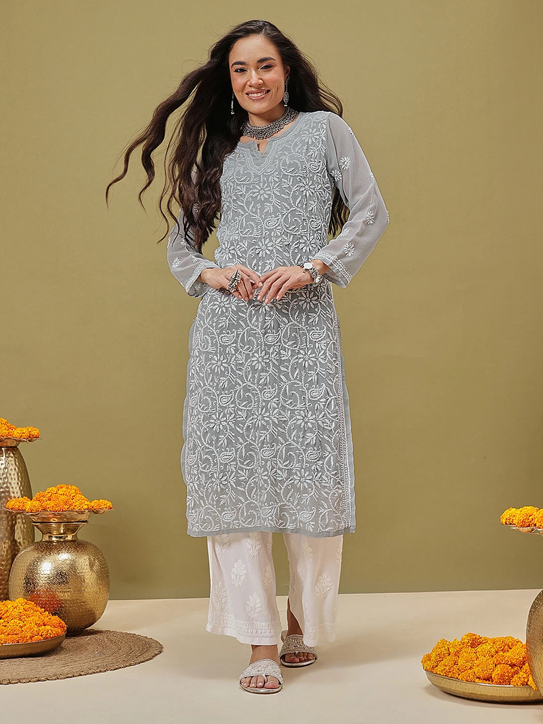 Ada Hand Embroidered Grey Georgette Lucknowi Chikankari Straight Kurta With Slip A411132