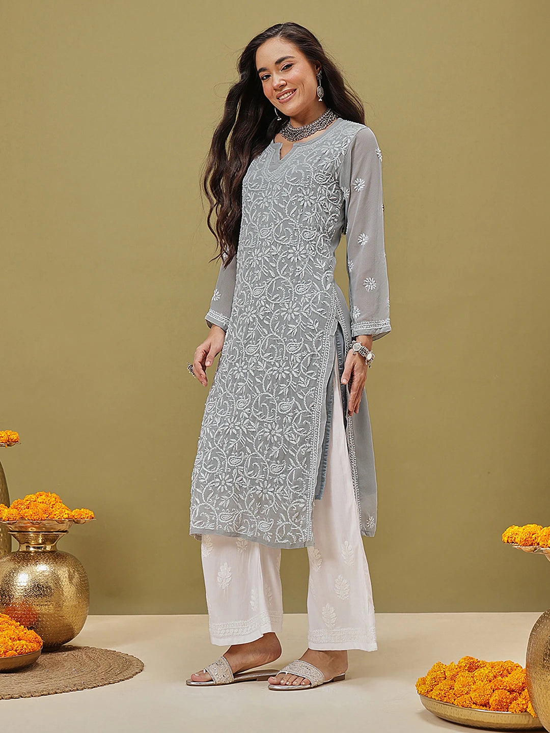 Ada Hand Embroidered Grey Georgette Lucknowi Chikankari Straight Kurta With Slip A411132