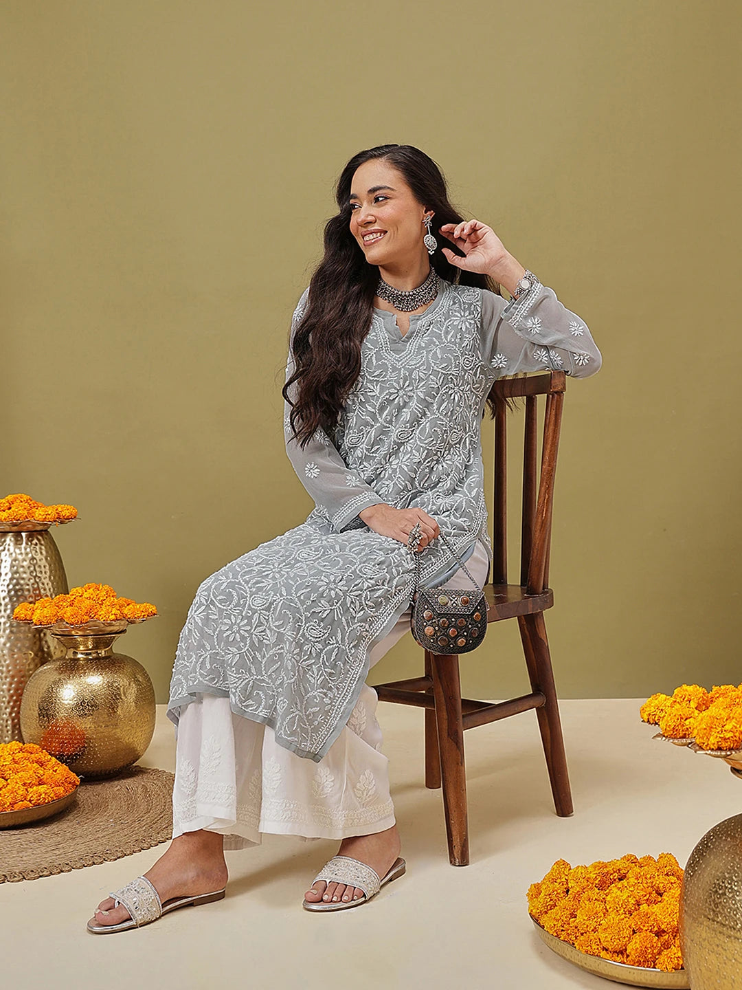 Ada Hand Embroidered Grey Georgette Lucknowi Chikankari Straight Kurta With Slip A411132