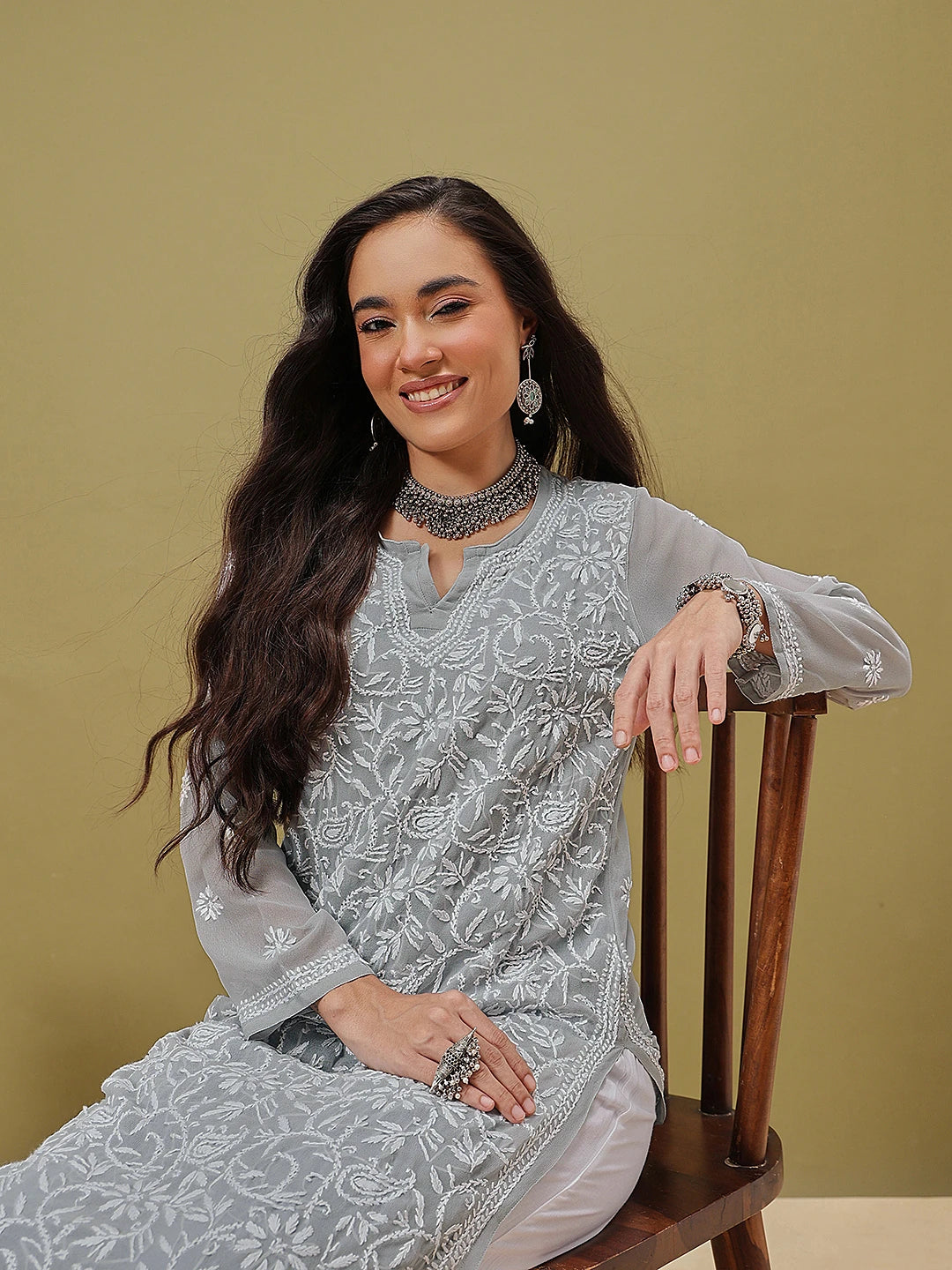 Ada Hand Embroidered Grey Georgette Lucknowi Chikankari Straight Kurta With Slip A411132