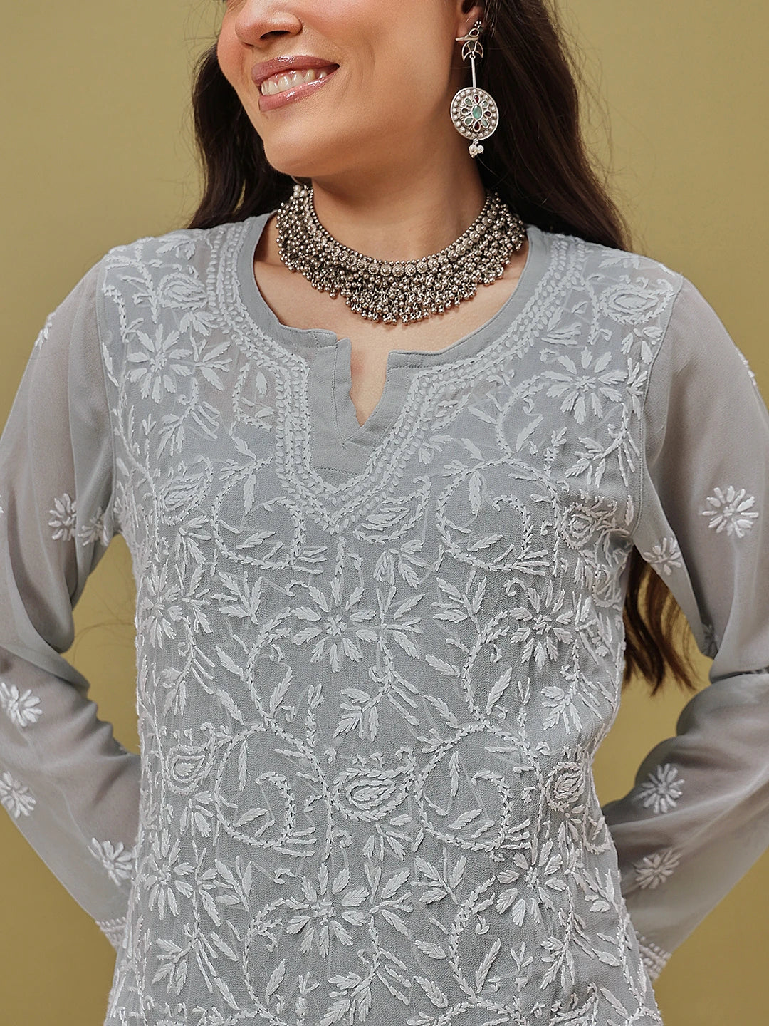 Ada Hand Embroidered Grey Georgette Lucknowi Chikankari Straight Kurta With Slip A411132