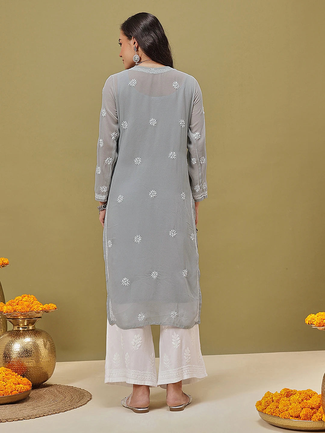 Ada Hand Embroidered Grey Georgette Lucknowi Chikankari Straight Kurta With Slip A411132