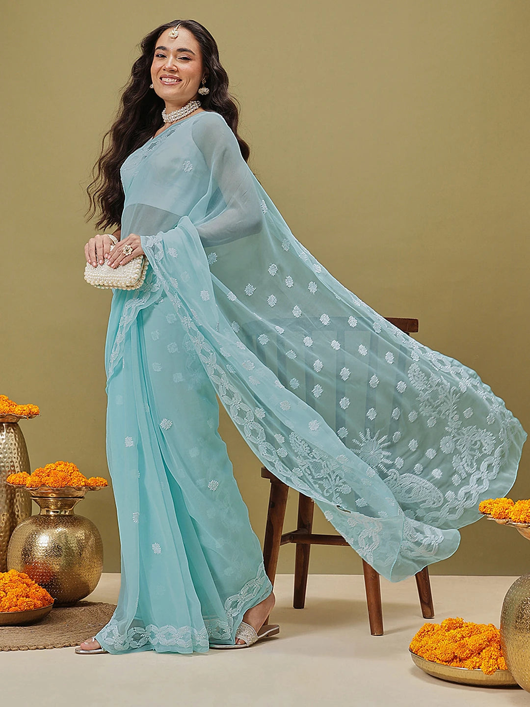 Ada Hand Embroidered Light Blue Georgette Lucknowi Chikankari Saree with Blouse A130176