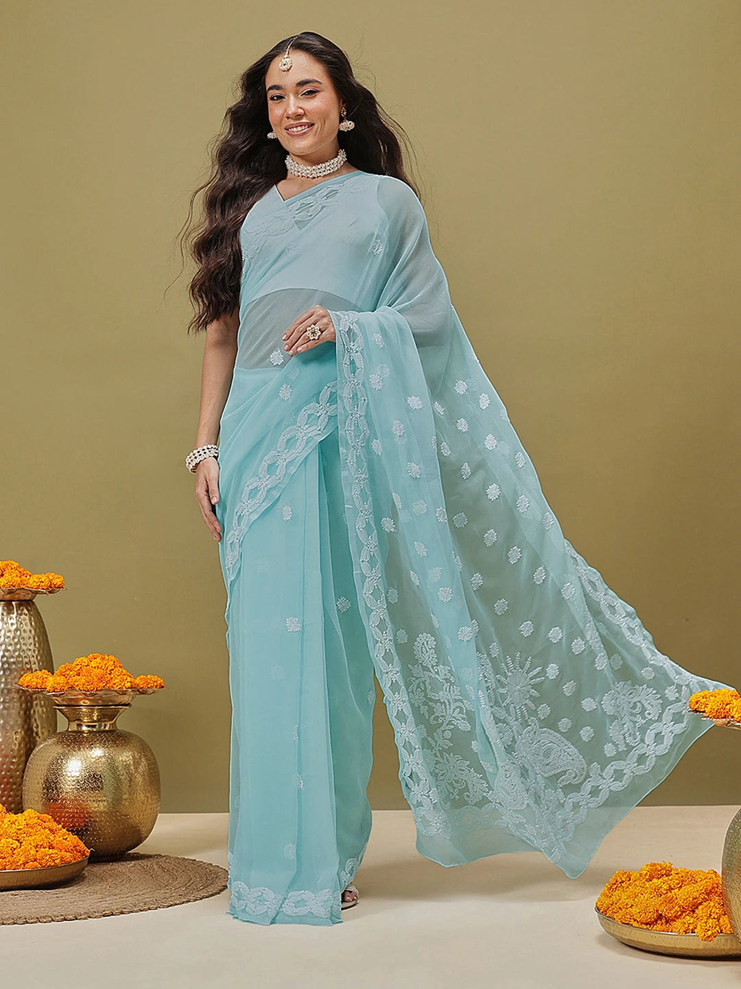 Ada Hand Embroidered Light Blue Georgette Lucknowi Chikankari Saree with Blouse A130176