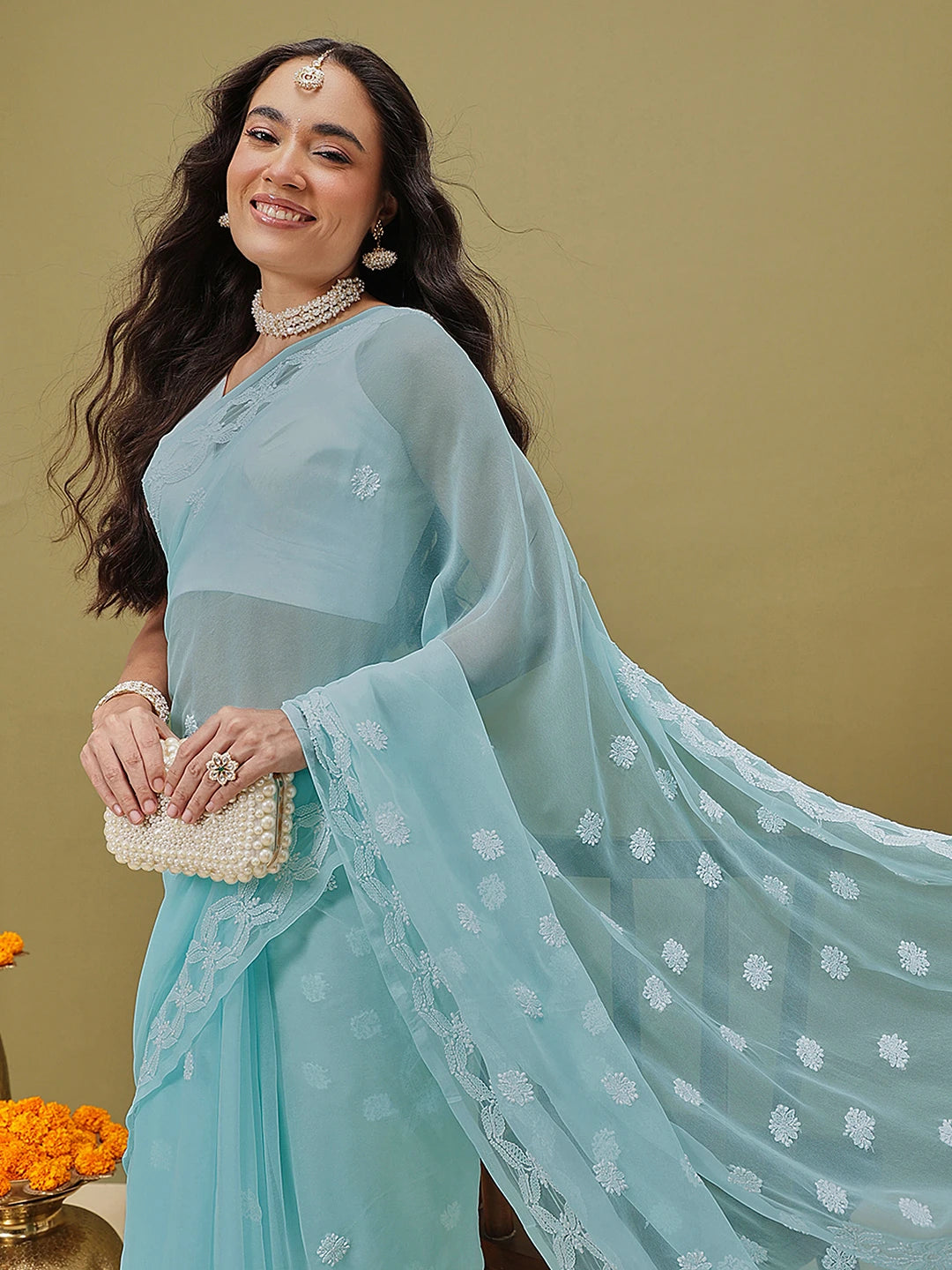Ada Hand Embroidered Light Blue Georgette Lucknowi Chikankari Saree with Blouse A130176